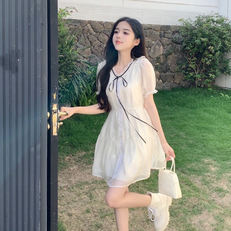 Váy kiểu nữ tiểu thư váy babydoll voan tơ 2 lớp cổ phối đầm nơ xinh xắn đầm công chúa bèo tầng nữ tính V63 SUTANO | BigBuy360 - bigbuy360.vn