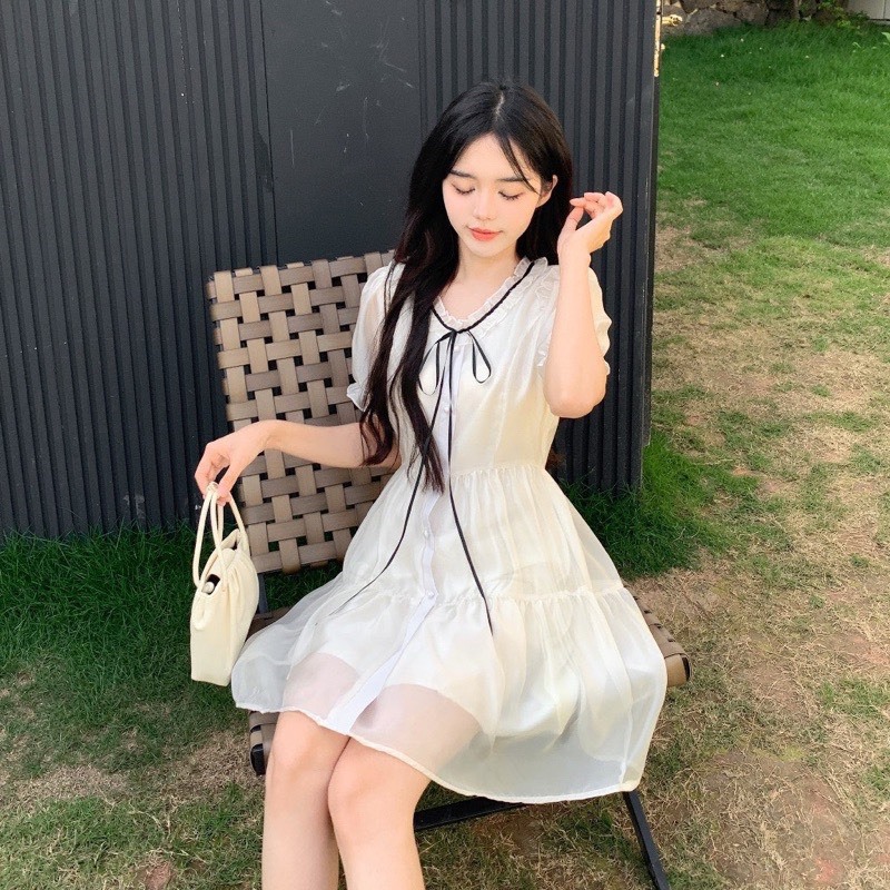 Váy kiểu nữ tiểu thư váy babydoll voan tơ 2 lớp cổ phối đầm nơ xinh xắn đầm công chúa bèo tầng nữ tính V63 SUTANO | BigBuy360 - bigbuy360.vn