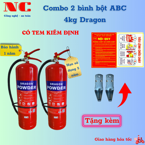 Combo 2 bình chữa cháy bột ABC 4kg DRAGON sản xuất tại VIỆT NAM, có tem kiểm định pccc