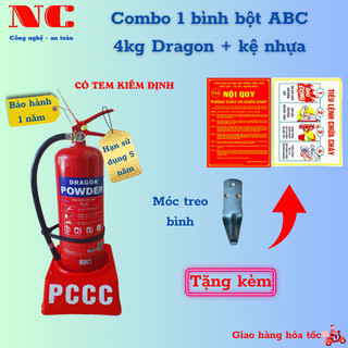 Combo bình chữa cháy bột abc 4kg dragon có đồng hồ đo áp suất, kệ nhựa đơn tặng bộ nội quy tiêu lệnh