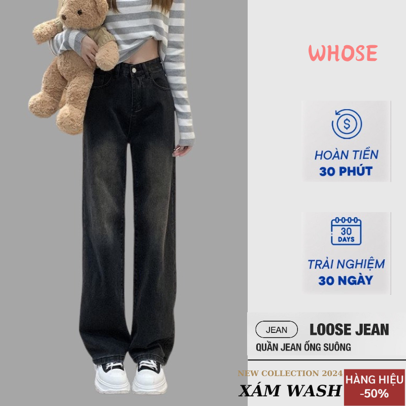 Quần jeans wash nữ WHOSE dáng ống suông rộng lưng cao màu xanh xám SMOKE V2 CẠP CAO phong cách RETRO 2024 | BigBuy360 - bigbuy360.vn