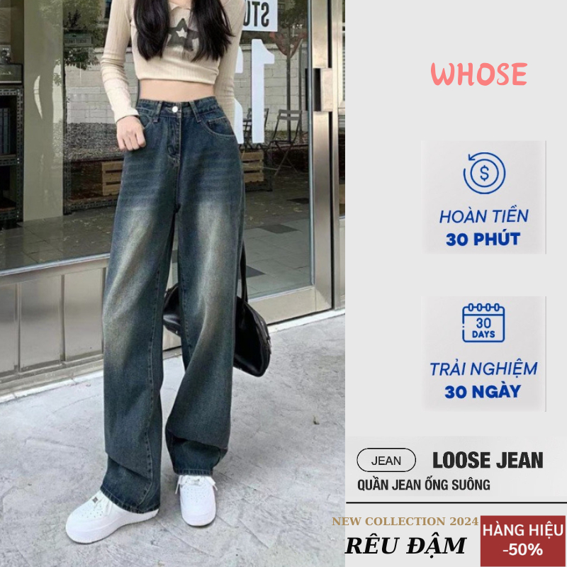 Quần jeans wash nữ WHOSE dáng ống suông rộng lưng cao màu xanh xám SMOKE V2 CẠP CAO phong cách RETRO 2024 | BigBuy360 - bigbuy360.vn