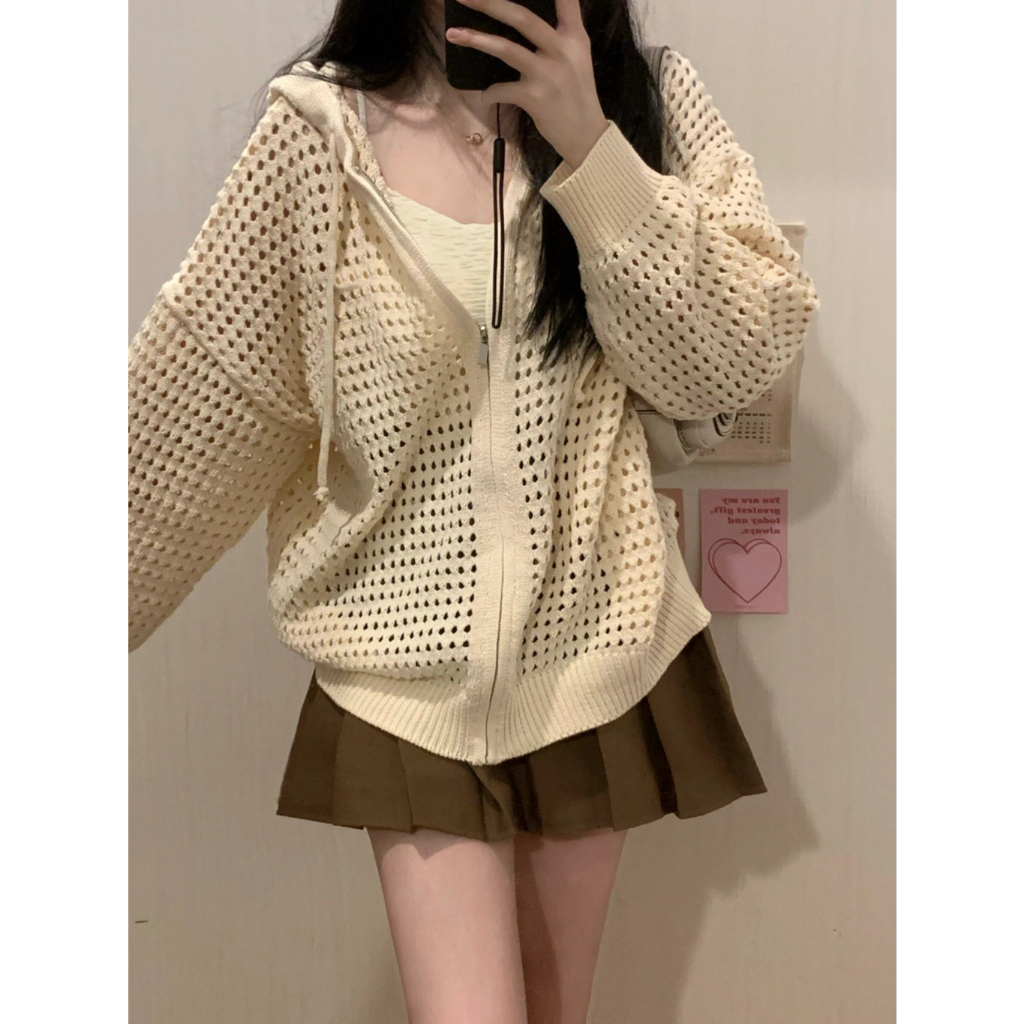 Áo len dây kéo dệt kim cardigan nữ thiết kế rỗng có mũ trùm đầu, áo khoác len nữ phong cách hàn quốc 2316