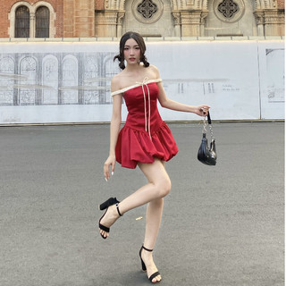 Đầm bí trễ vai corset tùng bí phong cách y2k chân váy bí phồng