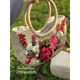 Kho sỉ túi cói lục bình size 25 quai mây vintage đi biển thêu hoa