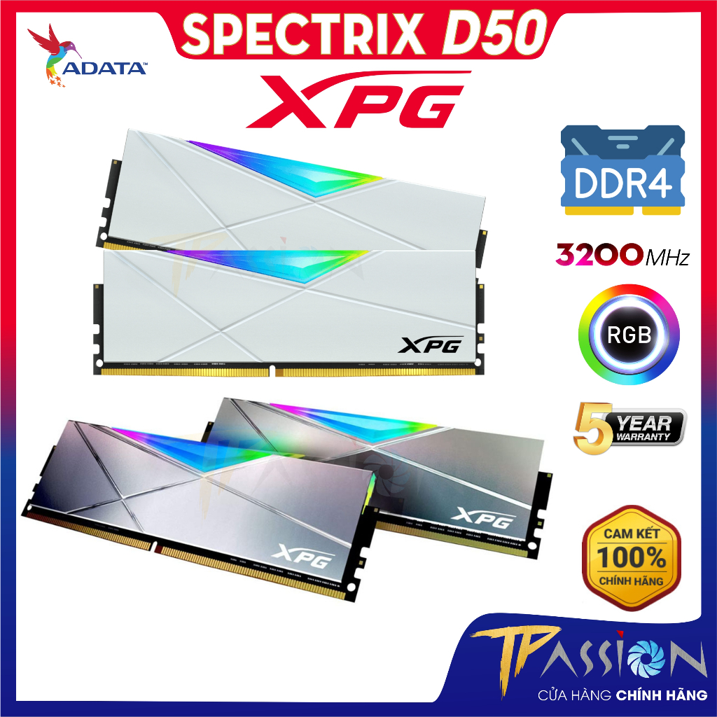 COMBO 4 Ram ADATA XPG D50 8GB / 16GB Bus 3200MHz DDR4 GREY | WHITE LED RGB - Chính hãng BH 5 năm, tả