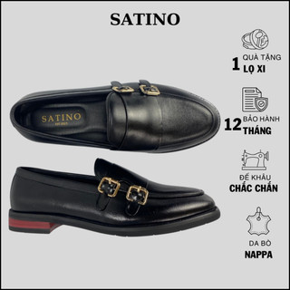 Giày tây nam satino, giày double monkstrap da bò tấm trơn sang trọng, thanh lịch đế phíp gỗ 3cm mã v03