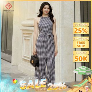 Jumpsuit cổ yếm cột eo họa tiết năng động SJ1224 - Phong Cách SAIGON