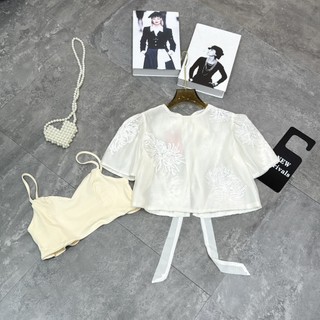 Set áo hoa thêu croptop nơ lưng kèm áo bra