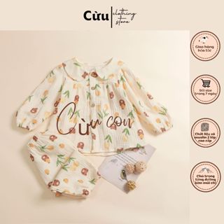 Đồ bộ thu đông cho bé gái cổ sen Cừu Con, bộ dài tay pijama chất liệu xô muslin cao cấp mềm mịn có size từ 6kg - 21kg