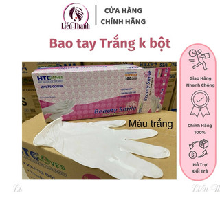 Hỏa tốc hcm ) Găng tay không bột màu trắng nitrile HTC - 100 chiếc size XS, S, M,,bao tay dùng trong phun xăm