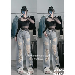 Quần Baggy Jean Ống Suông Nữ Rách Cá Tính Hottrend