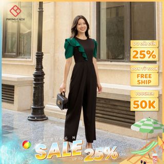 Jumpsuit ống suông cổ tròn bèo vai tay con phối màu SJ1223 - Phong Cách SAIGON