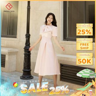Đầm xòe xếp ly tay con nơ ngực sang trọng SD1448 - Phong Cách SAIGON