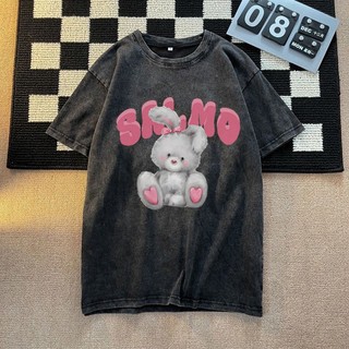 NEMO Áo thun thương hiệu địa phương yêu thỏ in phong cách Hàn Quốc cotton trung tính ngắn tay áo thun 240327