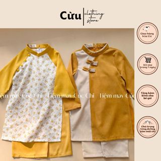 Áo dài tết đôi Minh Nguyệt cho bé trai bé gái TẶNG KÈM MẤN cho bé gái, set áo dài cách tân trẻ em có size từ 10kg-38kg