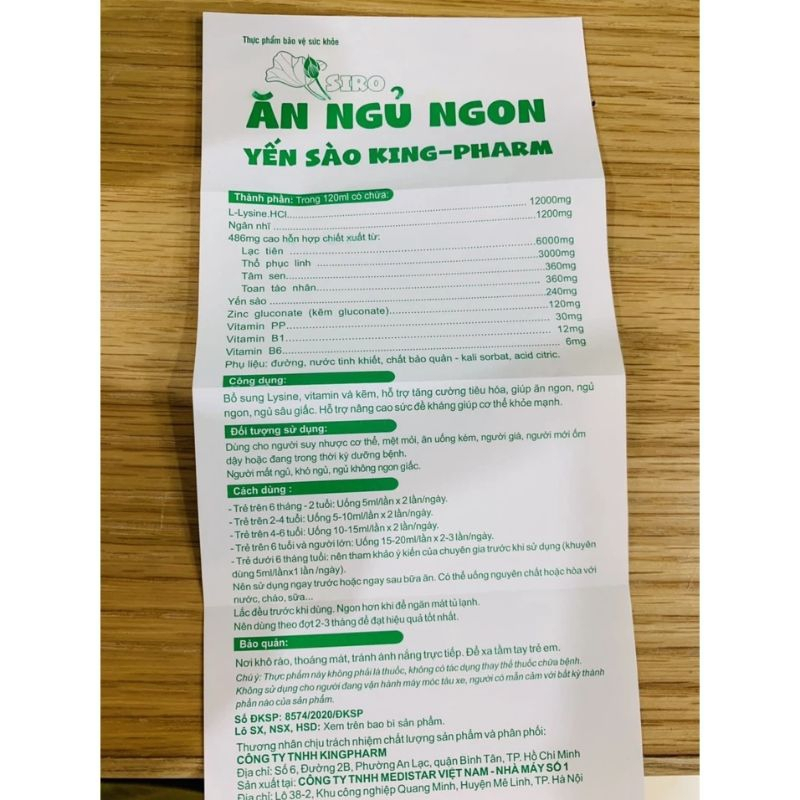 Siro ăn ngủ ngon Yến Sào King Pharm lọ 120ml (Hộp)