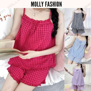 Set đồ ngủ HAI DÂY CARO cotton Freesize dưới 55kg ❤️ Đồ bộ mặc nhà Pyjama 2 dây xinh xắn Molly Fashion