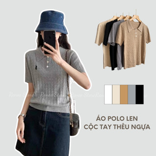 Áo polo len thừng thêu ngựa, áo len nữ cổ bẻ hoạ tiết xoắn thừng QC - A1976