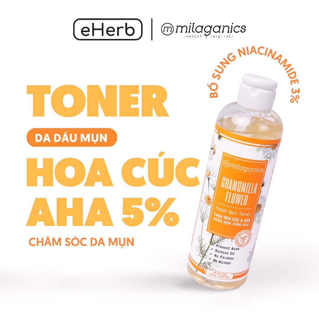 Toner nước hoa hồng hoa cúc & aha 5% Milaganics ngừa mụn, giảm dầu dành cho da dầu mụn 250ml