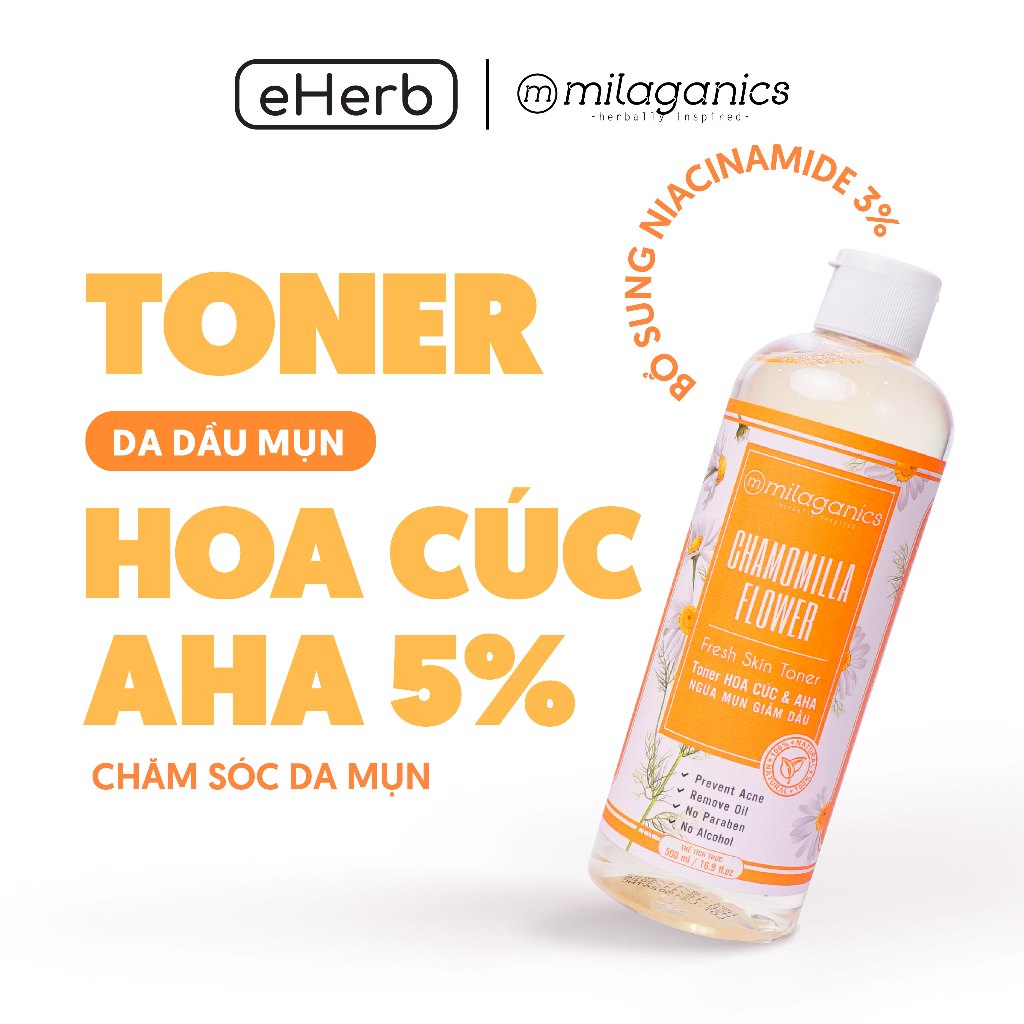 Toner hoa cúc & AHA ngừa mụn, kiềm dầu - nước hoa hồng dành cho da dầu mụn MILAGANICS 500ml (chai)