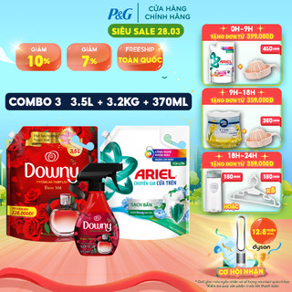 Combo thơm mát gồm nước giặt Ariel cửa trước nắng sớm 3.2kg, nước xả Downy Đam mê 3.5L & xịt vải Downy đam mê 370ml