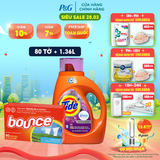 Bộ đôi Combo Nước giặt Tide Spring&Renewal 1.36 L và Giấy sấy thơm quần áo Bounce 80 tờ