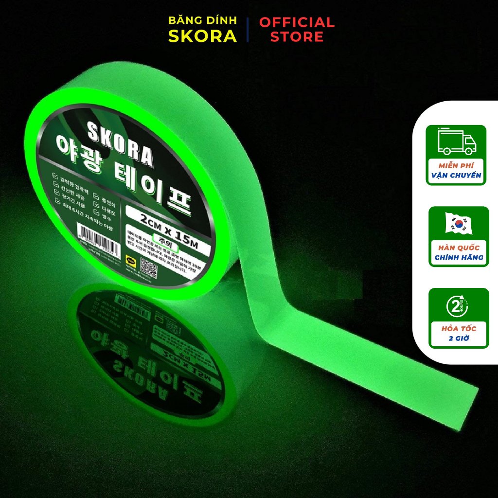 Băng keo dạ quang phát sáng SKORA thương hiệu Hàn Quốc băng dính dạ quang phát sáng trong đêm độ sáng cao lên đến 6 giờ