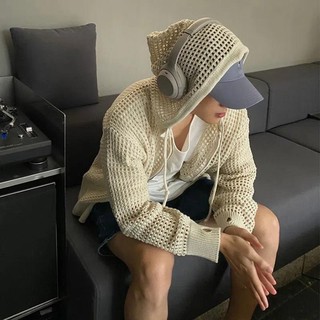 Cardigan Kèm Mũ Form Rộng Đan Lưới Unisex