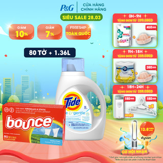 Bộ đôi Combo  Nước giặt Tide Free&Gentle dành cho da nhạy cảm 1.36 L và Giấy sấy thơm quần áo Bounce 80 tờ
