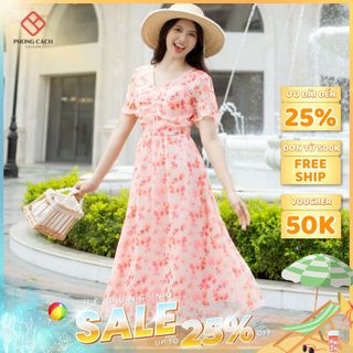 Váy hoa cổ tim đính cúc SD1432 - Phong Cách SAIGON