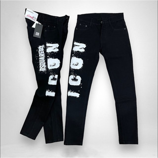 Quần jean nam boy phối jean đen dày co dãn in chữ ICON thời trang
