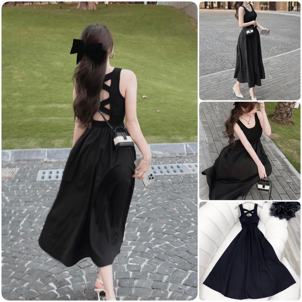 ĐẦM ĐEN ĐAN DÂY LƯNG XÒE
