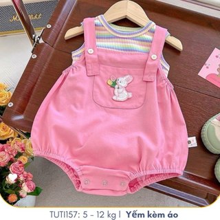 Set yếm hồng tai thỏ kèm áo sọc sắc màu cho bé đáng yêu phong cách Hàn Quốc, Đồ liền thân cho bé sơ sinh, TUTI157