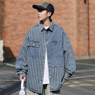 Áo sơ mi nam nữ unisex denim hoạ tiết kẻ sọc cao cấp, Sơ mi denim nam nữ unisex dáng rộng Hàn Quốc 8770