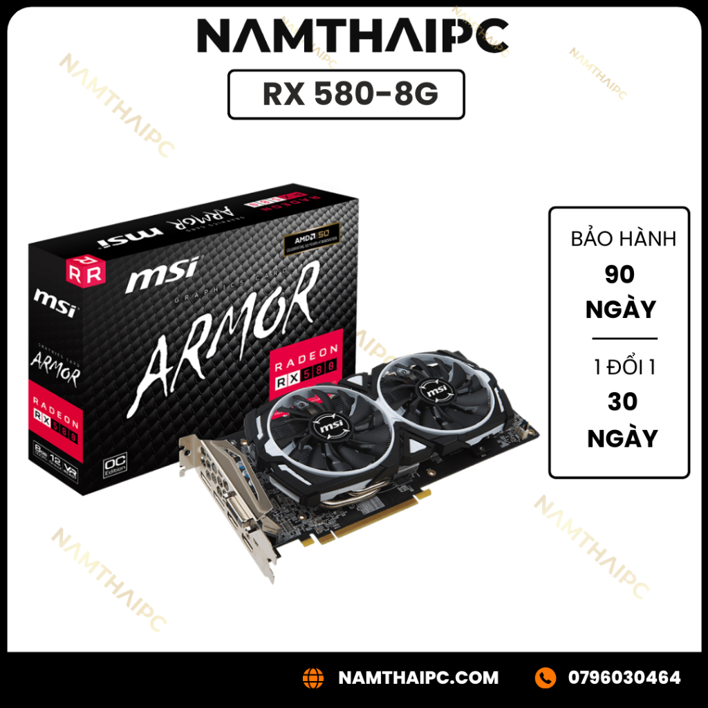 Card màn hình MSI Radeon RX 580 8G AMOR, HÌNH THỨC ĐẸP, BẢO HÀNH 3 THÁNG