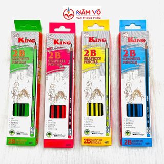 Hộp 12 cây bút viết chì gỗ 2b thân sọc đen nhiều màu, nét đậm khó gãy king có gôm, chất lượng