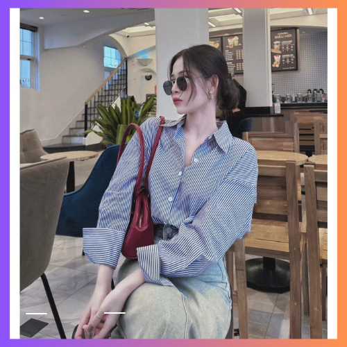 Áo sơ mi kẻ sọc xanh form rộng basic Sơ mi kẻ Sơ mi kẻ xanh Sơ mi hottrend 2024 phong cách Hàn Quốc