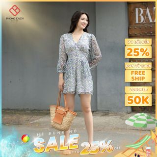 Jumpsuit ngắn họa tiết tay dài phối nút sj1163 phong cách saigon