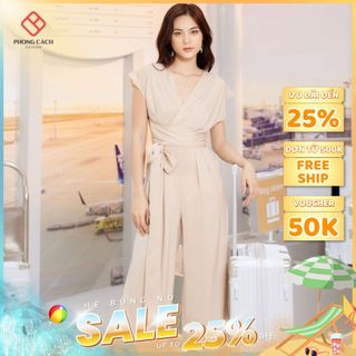 Jumpsuit lửng ống rộng cổ V SJ1140 Phong Cách SAIGON