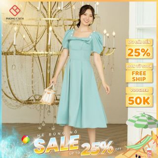 Đầm xòe xếp ly phối nơ đính hoa đá cao cấp SD1441 - Phong Cách SAIGON