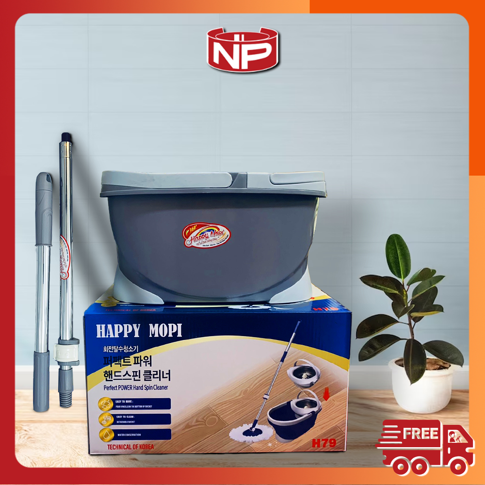 🥇 Bộ thùng lau nhà thông minh thương hiệu Happy Mopi Nhật Bản, xoay 360 độ, lồng xoay Inox có thể th