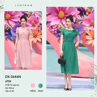 Đầm xòe dự tiệc cổ thuyền đính hoa ngực, váy xòe dạo phố 2 lớp lyntran dx-3646n