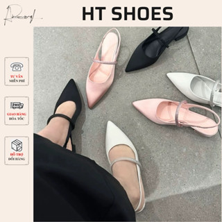  Giày Sandal cao gót C mũi nhọn hở gót phối quai đá lấp lánh đế vuông 2cm chất lụa và da phong cách Mary Jane 7934 