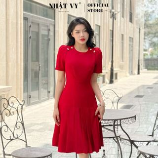 Đầm dự tiệc Nhật Vy dập ly cổ tròn đính nút cách điệu chất lụa thanh lịch phù hợp công sở dạo phố chụp ảnh - D2961
