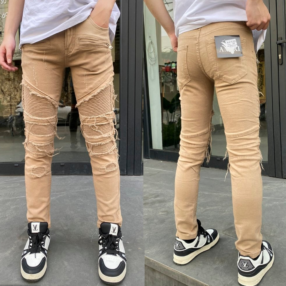 Quần bò nam Amiri nâu ống côn mài gối chất denim co dãn, quần jeans nam Amiri nâu vá chun hàng quang châu [3295]