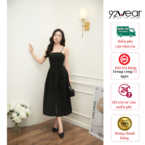 Đầm váy nữ 2 dây 92WEAR cúp ngực, đen, sang trọng, thanh lịch WV2311