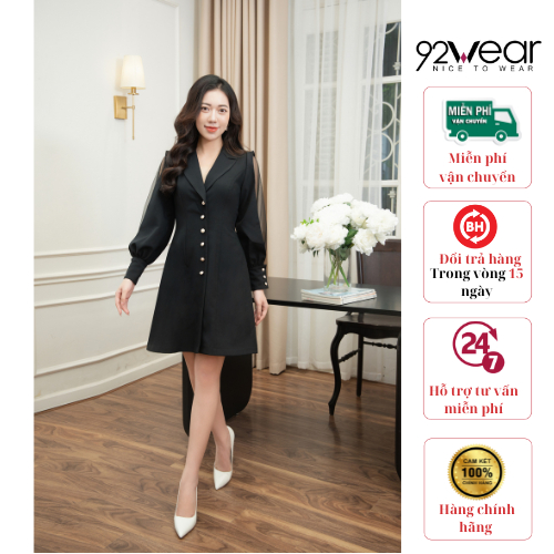 Đầm váy nữ 92WEAR phới lưới tay, đen, sang trọng, thanh lịch WV2306