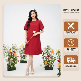 Đầm Suông A Michi House Váy Xuông Dự Tiệc Màu Đỏ Sang Trọng Dáng Dài Đến Gối Có Bigsize Đến 75kg Bầu Mặc Xinh V556