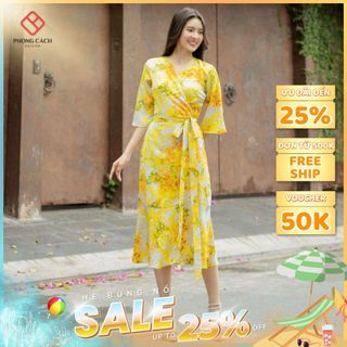 Đầm họa tiết cổ V đuôi cá kiểu đắp chéo cột eo SD1472 - Phong Cách SAIGON